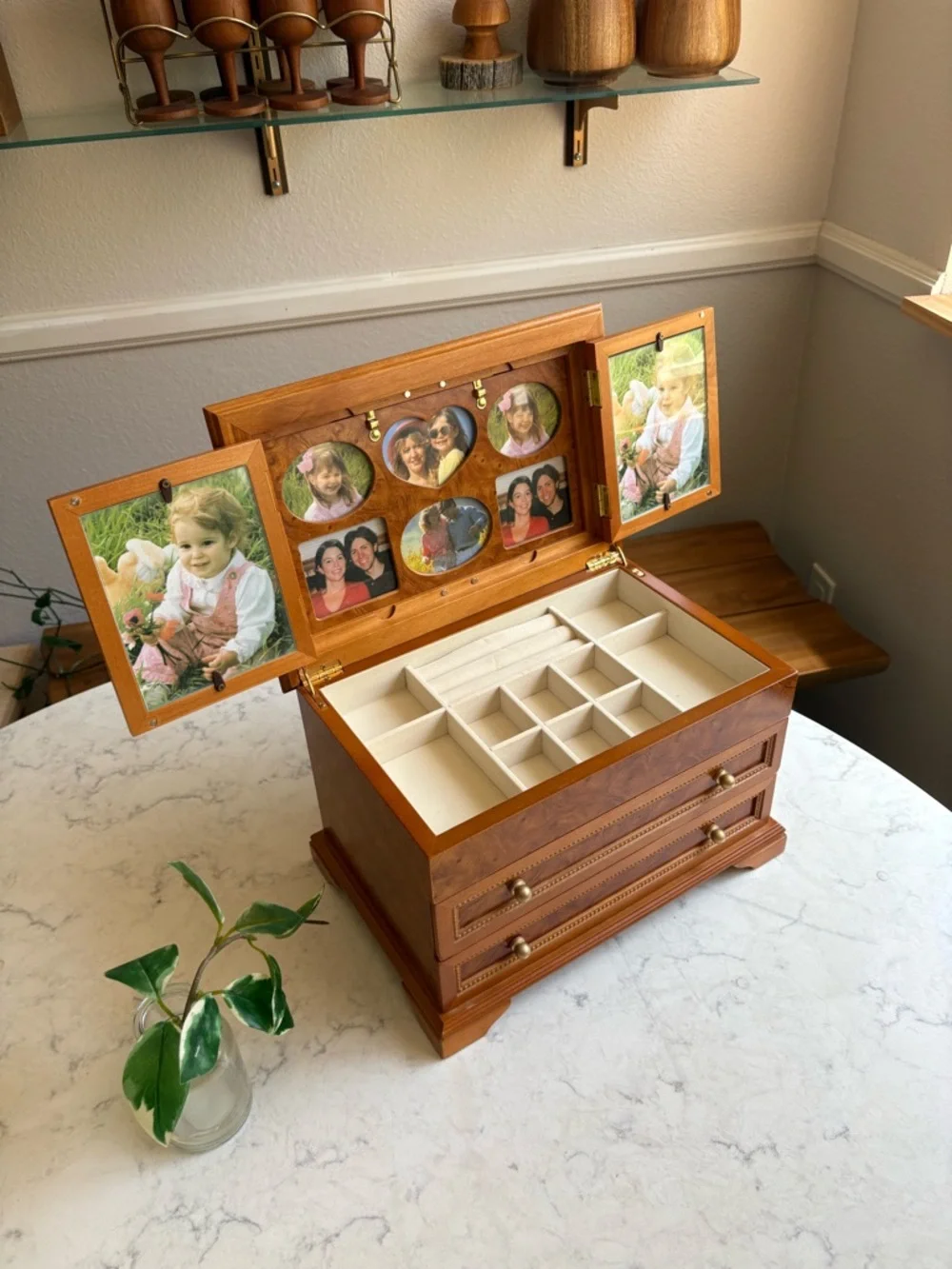Vintage Wood Jewelry Box with Two Drawers - Brown